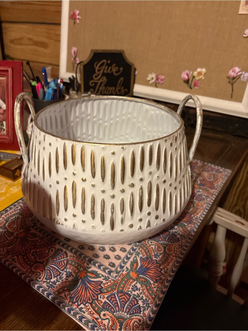 2 white  and Gold Decorative Metal Planter with Handles - Brand Unknown